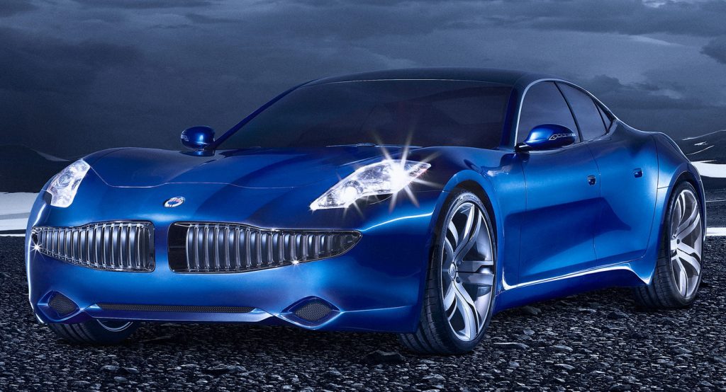 2011 Fisker Karma mavi sedan ön görünüm