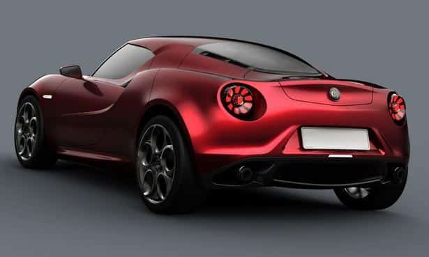 Kırmızı Alfa Romeo 4C konseptinin arkadan üç çeyrek görünümü