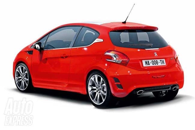 Kırmızı üç kapılı 208 için GTi temalı arka dönem görselleştirmesi