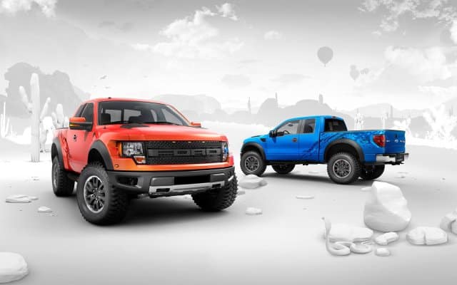 2014 Ford F-150 SVT Raptor kırmızı ve mavi gövde renkleri