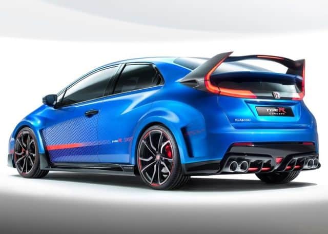 Honda Civic Type R Concept mavi Paris otomobilinin arka görünümü