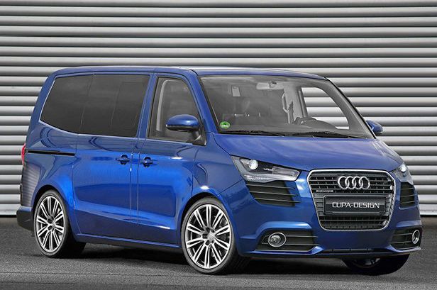 Audi Multivan T5 render çalışması mavi aile tipi van ön üç çeyrek görünümü