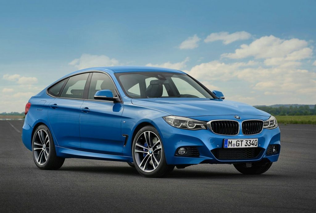 BMW 340i Gran Turismo mavi gövde ön üç çeyrek görünüm