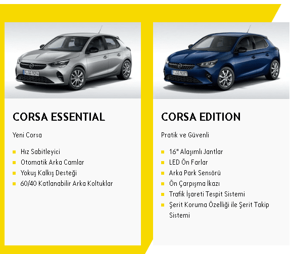 Opel Corsa Essential ve Edition dönem donanım görseli