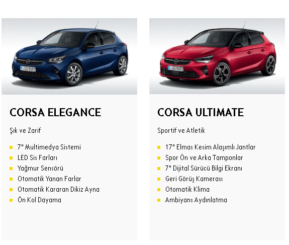 Opel Corsa Elegance ve Ultimate dönem donanım görseli