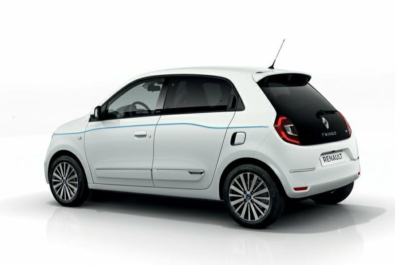 Twingo Z.E. beyaz gövde arka üç çeyrek görünümü