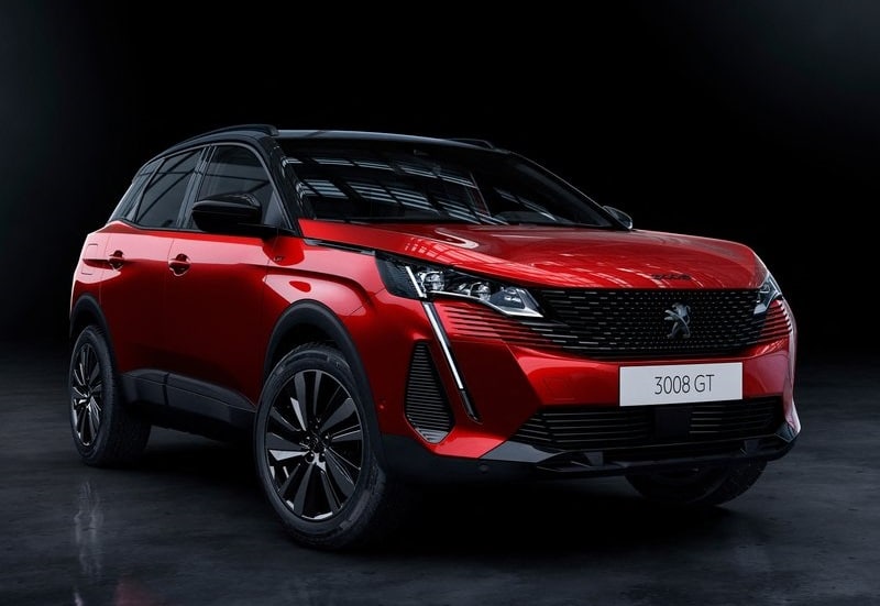 Kırmızı Peugeot 3008 GT ön bölüm stüdyo görünümü