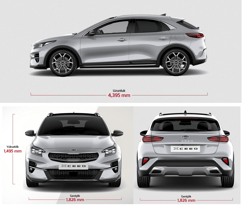 Kia XCeed uzunluk genişlik ve yükseklik ölçülerini gösteren şema