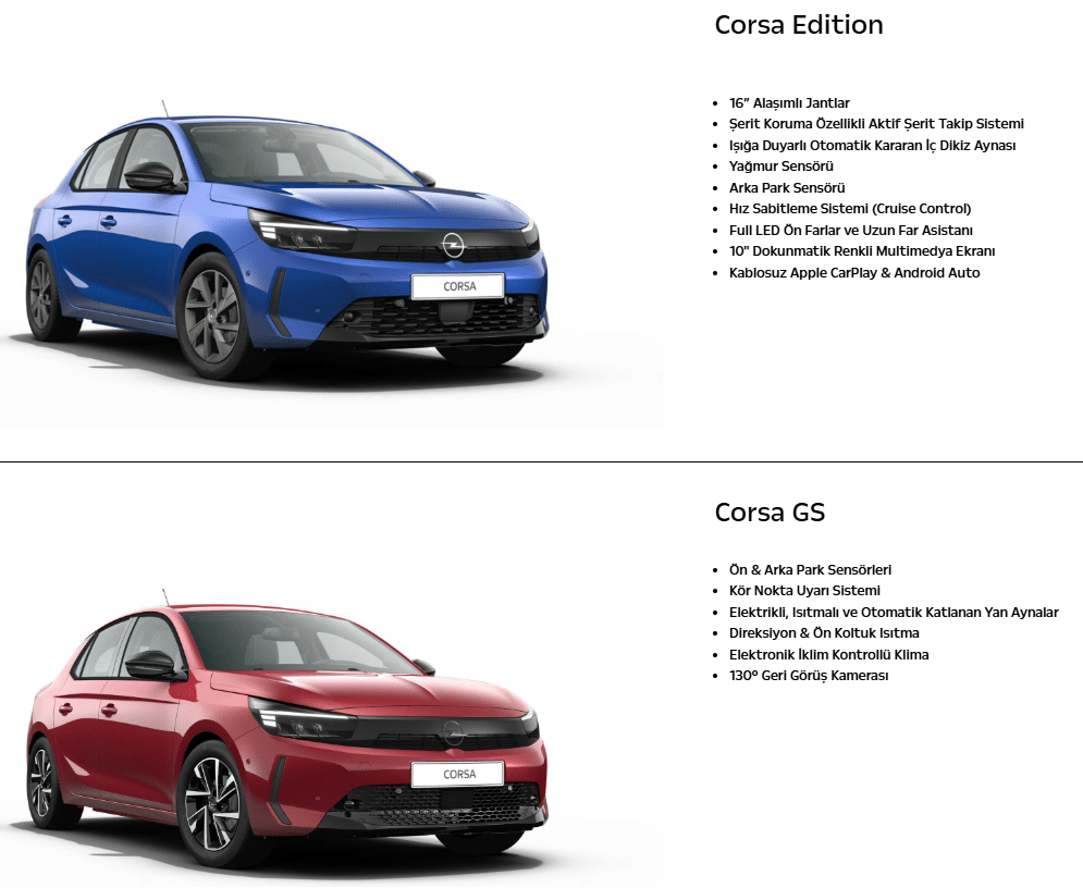 Opel Corsa Edition ve GS donanım özelliklerini listeleyen bilgi görseli