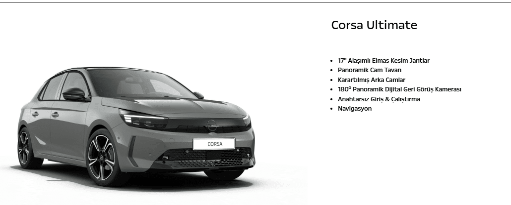 Opel Corsa Ultimate donanım özelliklerini listeleyen bilgi görseli
