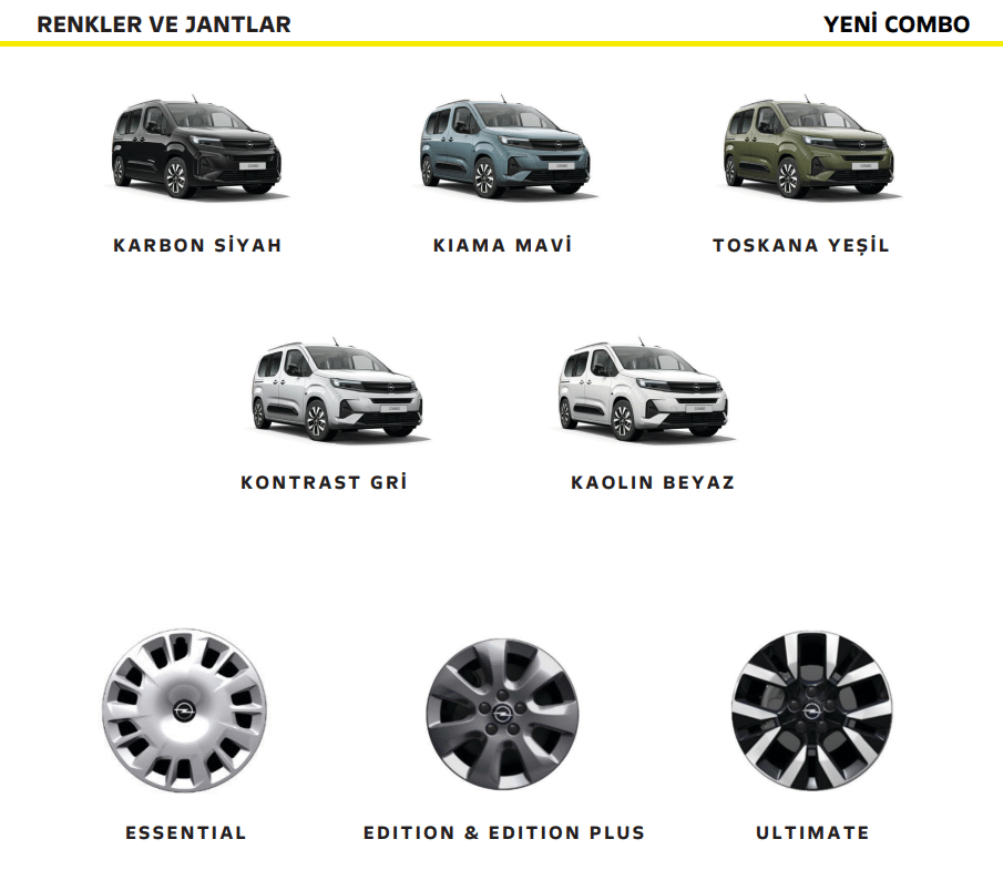Opel Combo renk seçenekleri ve Essential Edition Edition Plus Ultimate jant tablosu