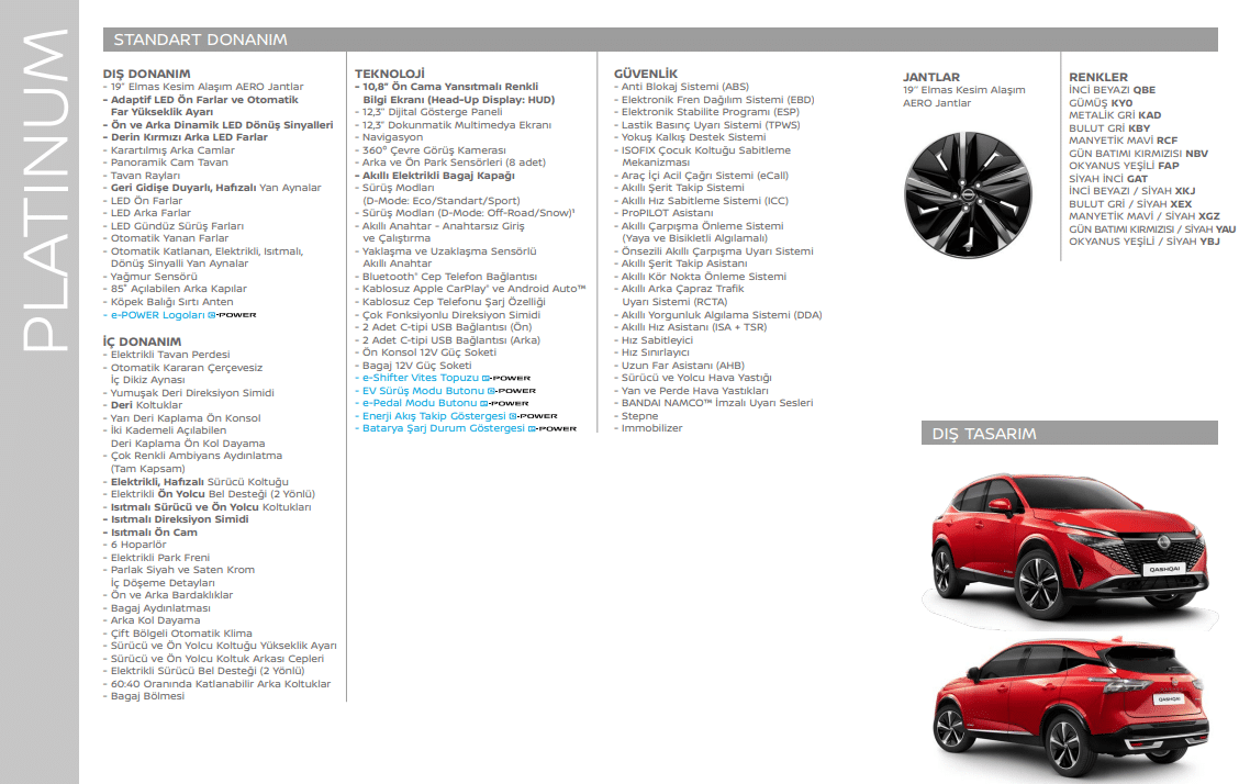 Nissan Qashqai Platinum standart donanım güvenlik ve renk tablosu