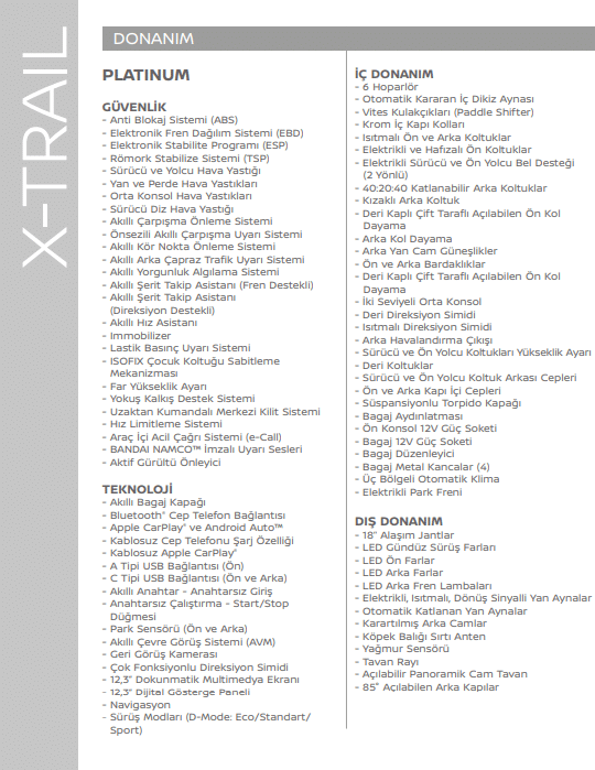 X-Trail Platinum donanım listesini gösteren görsel
