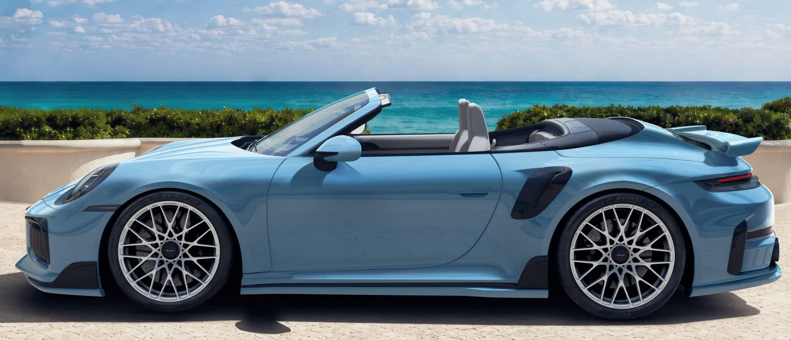 Porsche 911 Turbo S 992.2 TECHART mavi Cabriolet yan profili