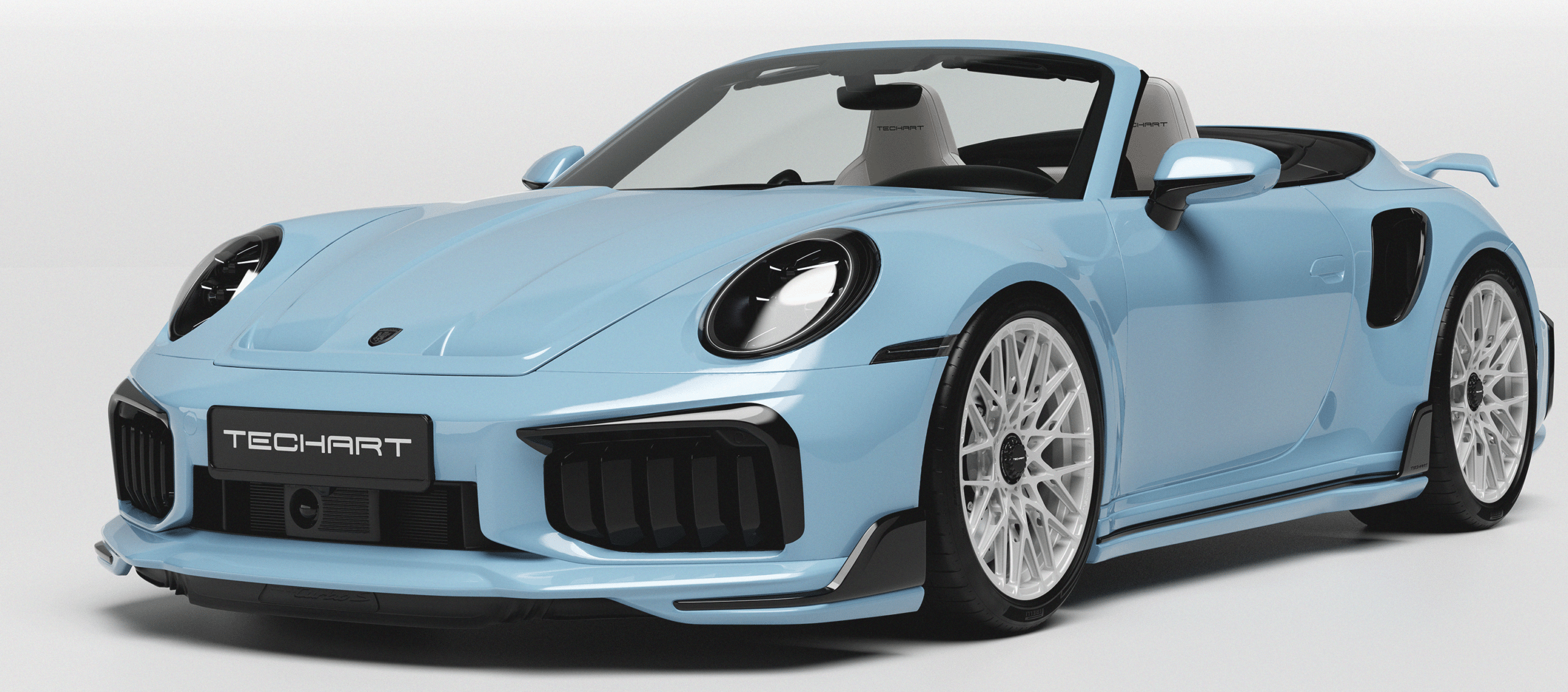 Açık mavi TECHART 911 Turbo S Cabriolet ön üç çeyrek görünümü