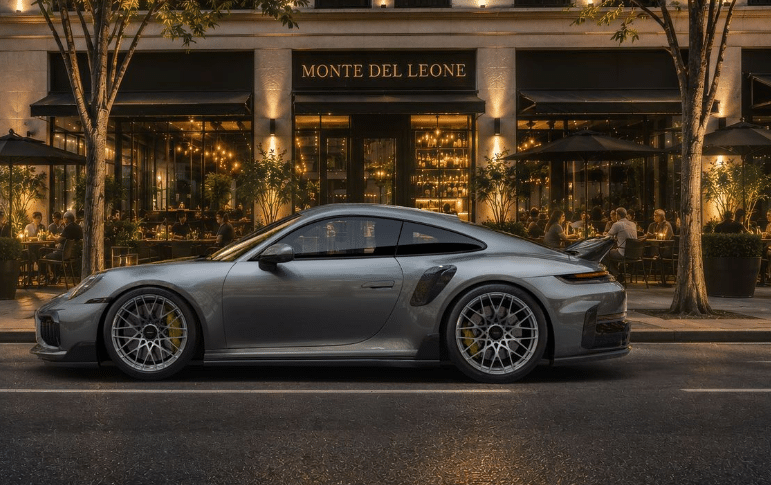 Gri TECHART 911 Turbo S Coupé şehir sokağında yan profilden