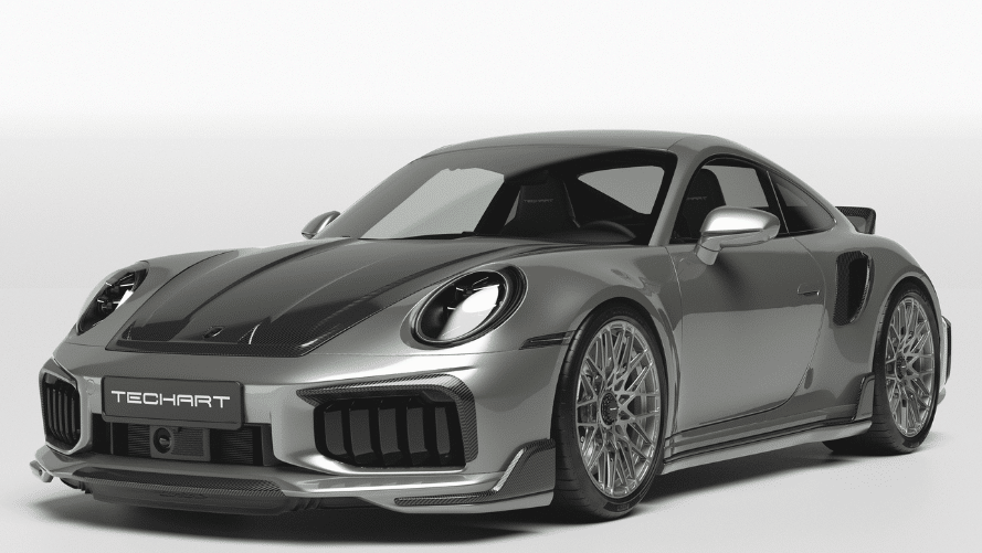 Gri TECHART 911 Turbo S Coupé ön üç çeyrek stüdyo görünümü