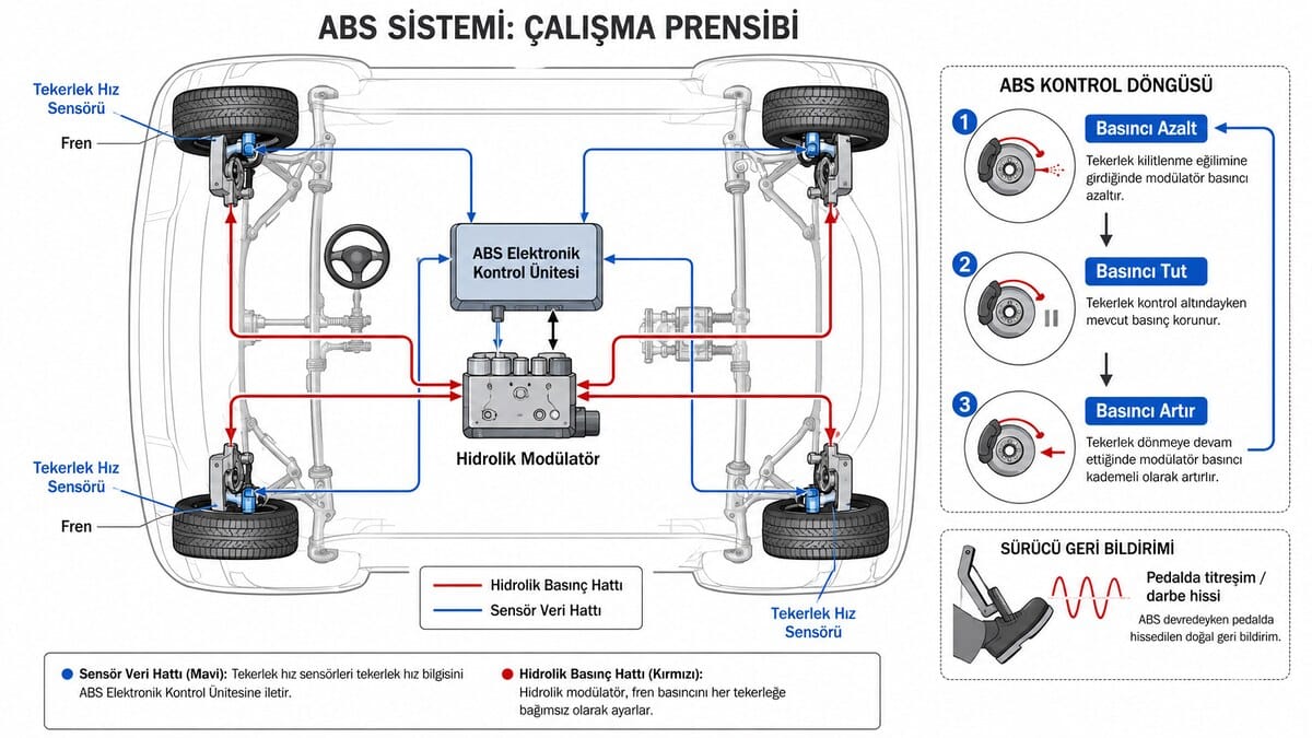 ABS fren sistemi nasıl çalışır diyagramı ile tekerlek hız sensörü kontrol ünitesi ve hidrolik modülatör