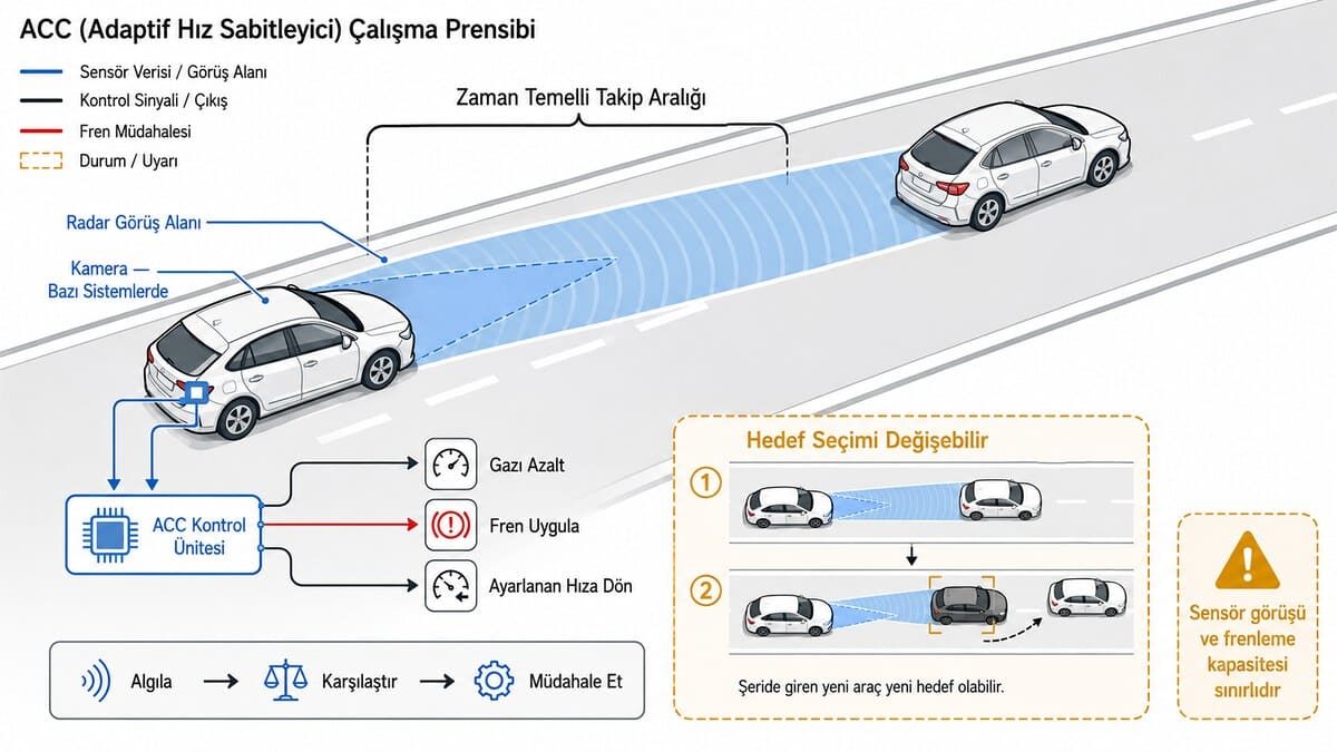 adaptif hız sabitleyici nasıl çalışır radar kamera ve zaman temelli takip aralığı teknik diyagramı