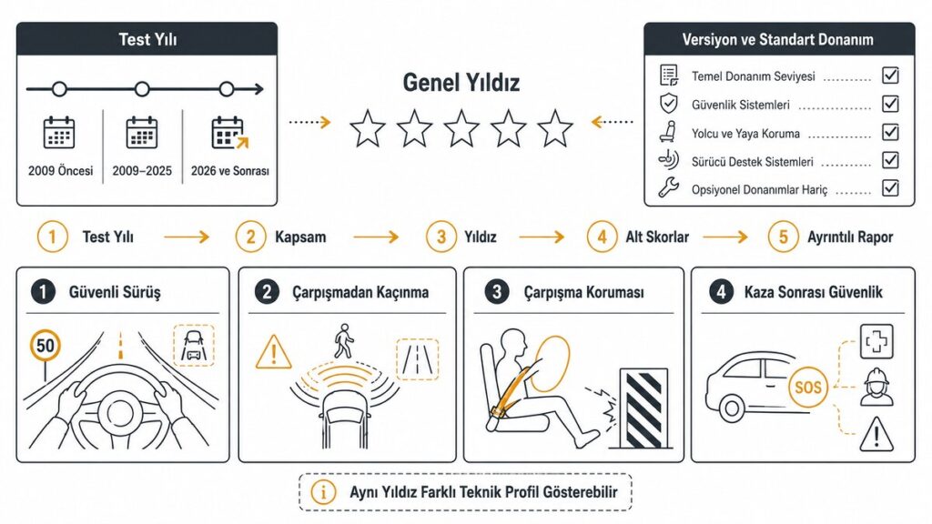 Euro NCAP puanları nasıl yorumlanır test yılı yıldız ve dört güvenlik aşaması teknik diyagramı