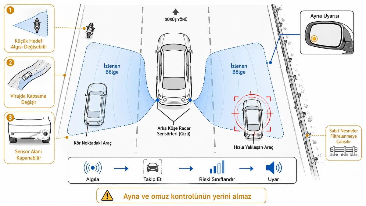 kör nokta uyarı sistemi nasıl çalışır arka köşe radarları algılama bölgesi ve ayna uyarısı teknik diyagramı