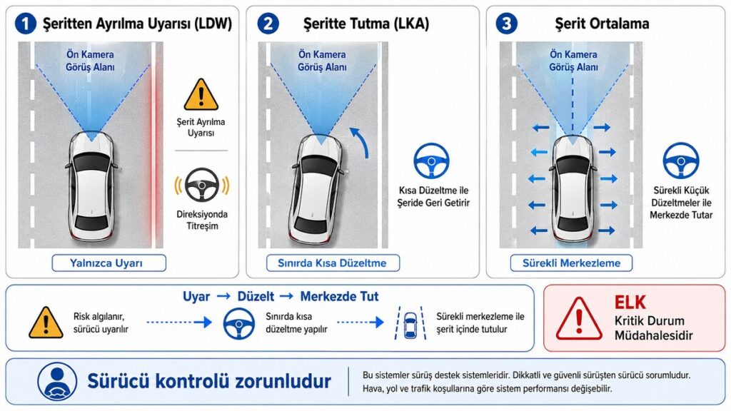 şerit takip ve şerit ortalama farkı teknik diyagramı ile LDW LKA ve sürekli merkezleme karşılaştırması