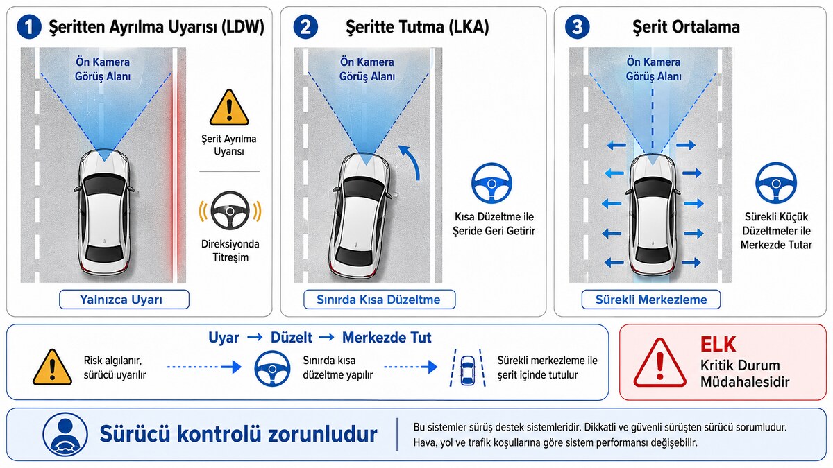 şerit takip ve şerit ortalama farkı teknik diyagramı ile LDW LKA ve sürekli merkezleme karşılaştırması