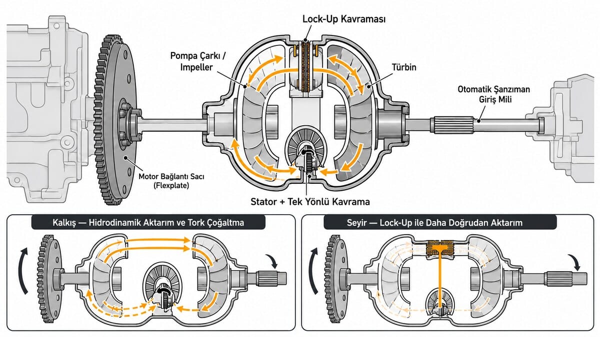 tork konvertörlü otomatik şanzıman pompa türbin stator ve lock-up kavraması teknik diyagramı